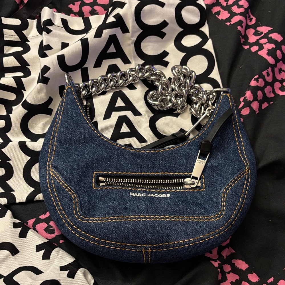 Marc Jacobs Dark Blue Denim Shoulder Bag with Silver Chain
